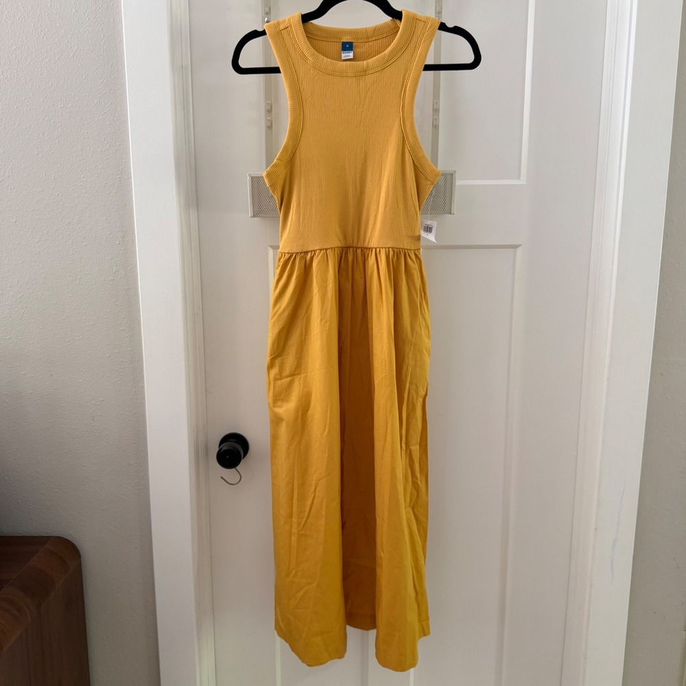 Old Navy Ribbed Knit Poplin Skirt Midi Dress Yellow Medium Sundress Cotton Nwfl